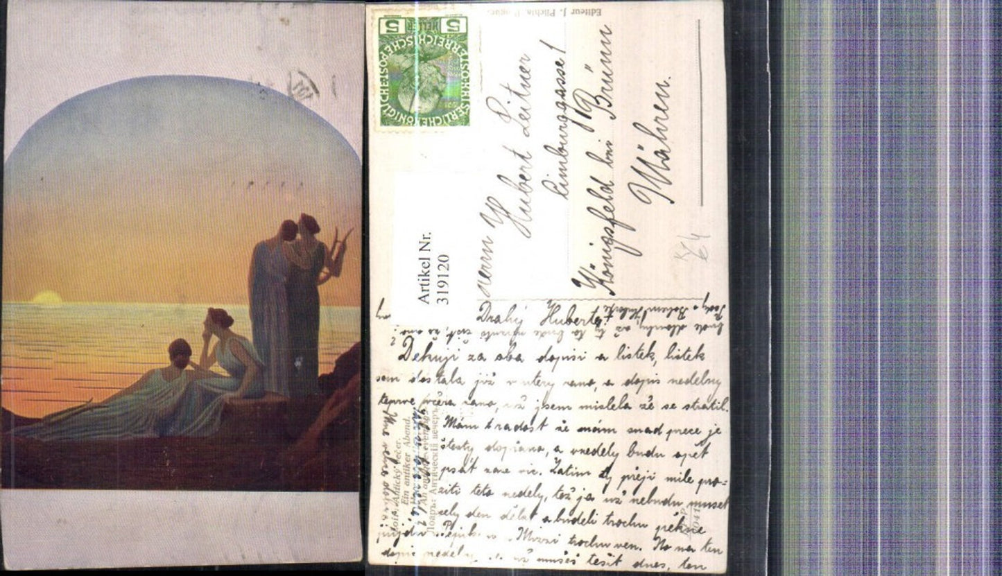 319120,Künstler Ak Loir Ein antiker Abend Frauen Harfe Ufer Sonnenuntergang Passepartout