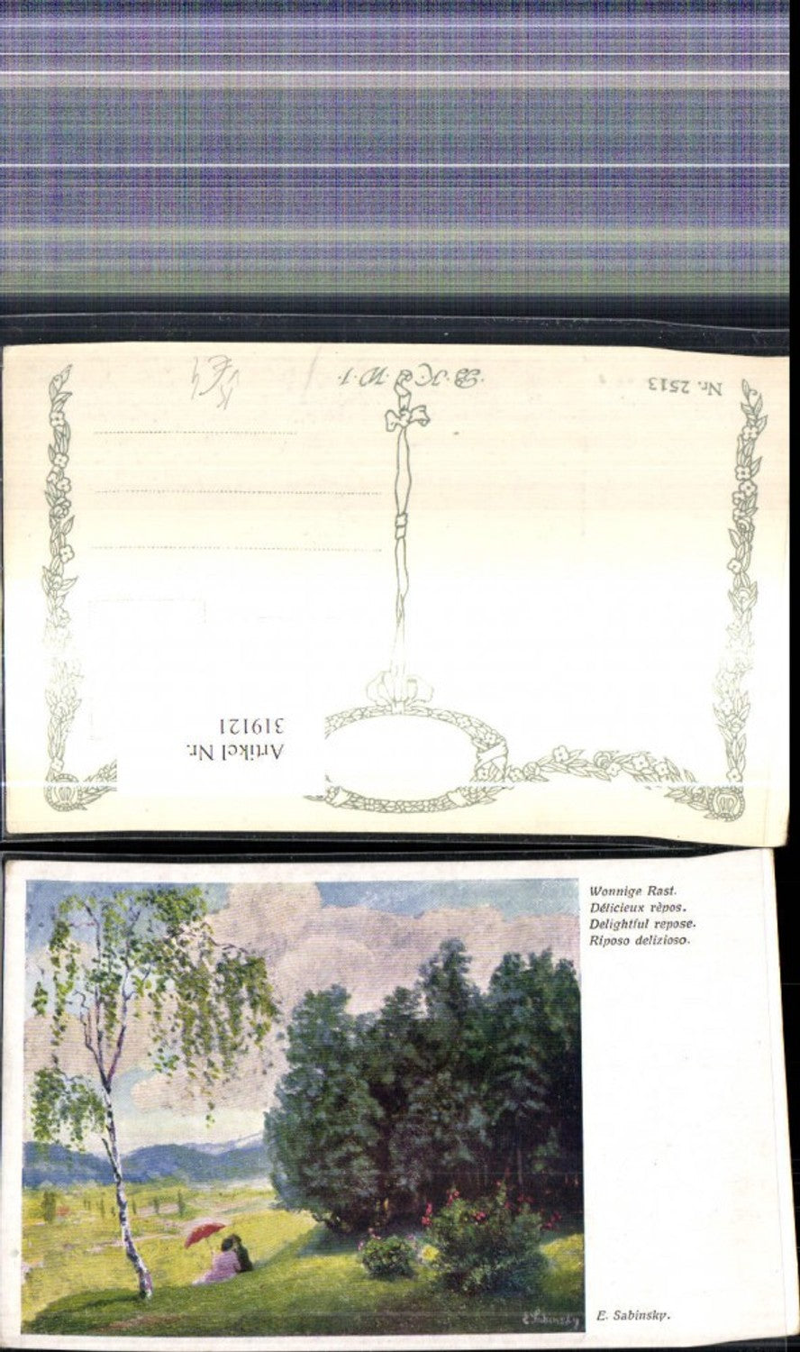 319121,Künstler Ak E. Sabinsky Wonnige Rast Paar m. Schirm Birke Landschaft pub B.K.W.I. 2513