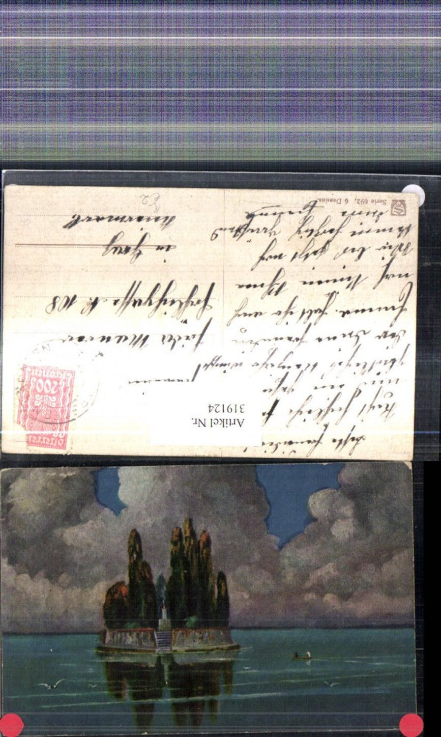 319124,Künstler Ak Insel Feuer a. Säule Ruderboot Vögel