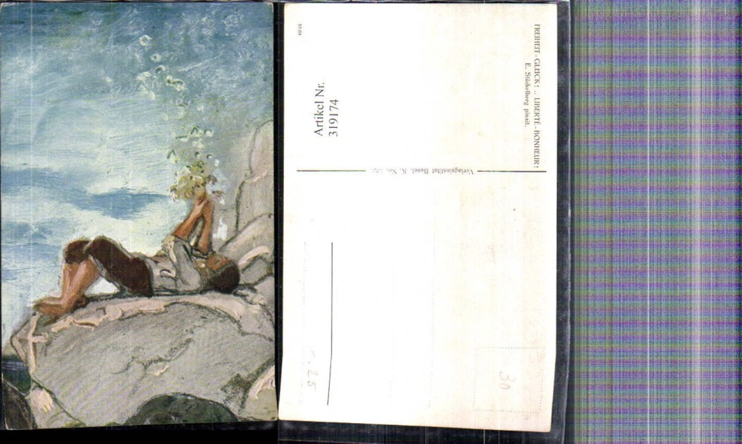 319174,Künstler Ak E. Stückelberg Freiheit Glück Mann liegt a. Felsen