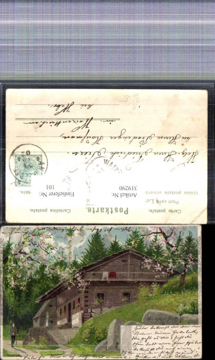 319290,Künstler Litho Alfred Mailick Bauernhaus Hof Landschaft Mann m. Stock