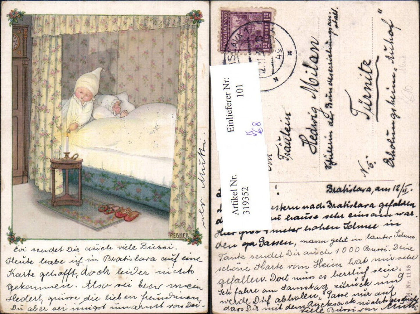 319352,Künstler Ak Pauli Ebner Kinder Schlafanzug i. Bett Kerze pub M. Munk 1158