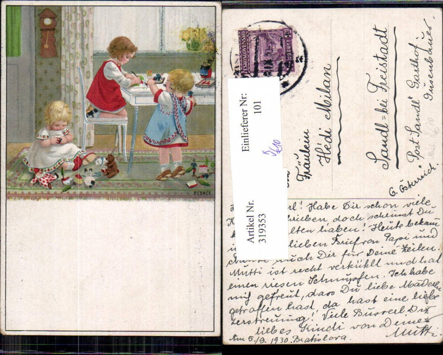 319353,Künstler Ak Pauli Ebner Kinder Spielzeug Malen Teddy Puppe pub M. Munk 878