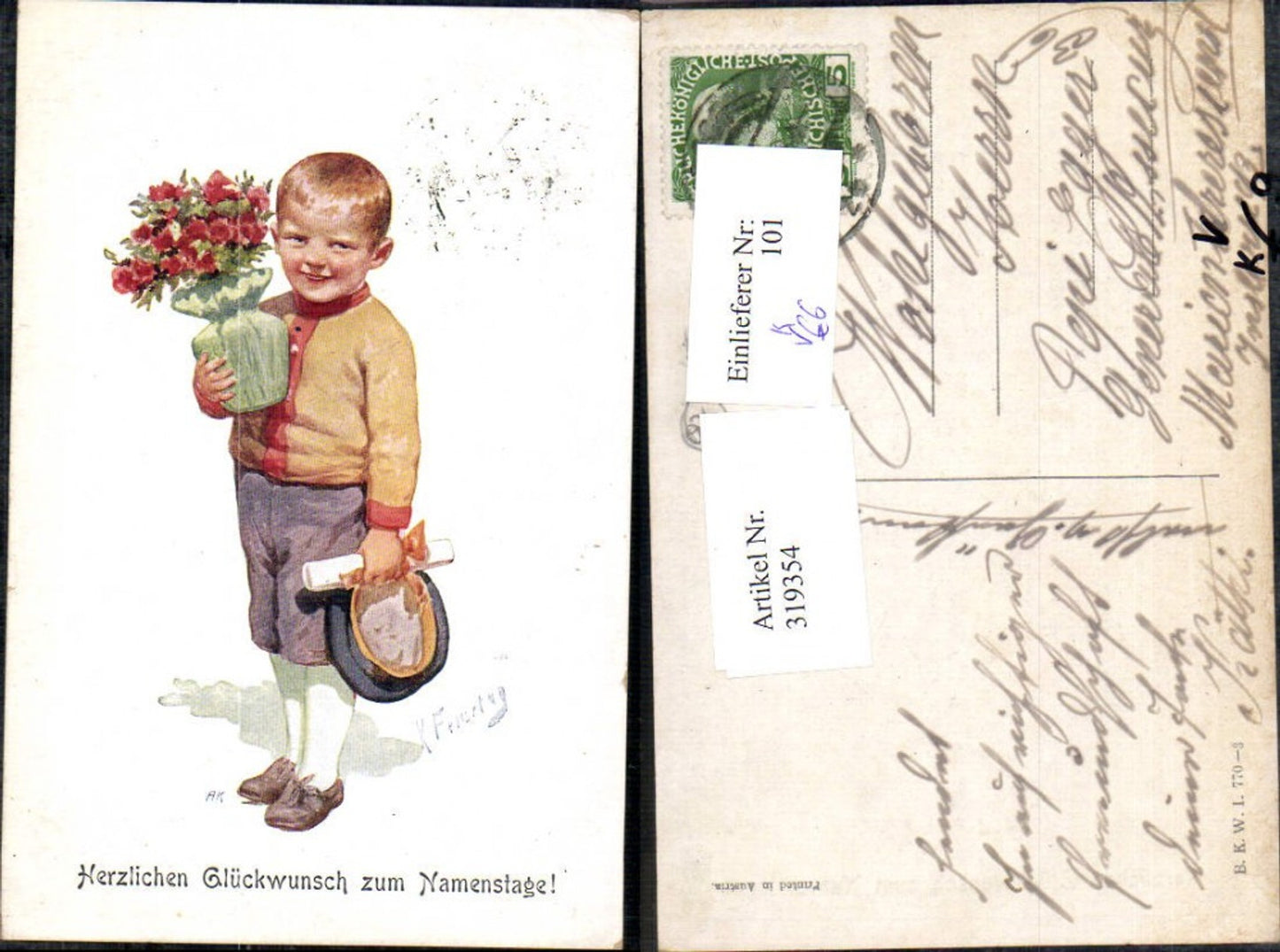 319354,Künstler Ak Feiertag Karl Bub Junge Hut Blumentopf Namenstag pub B.K.W.I. Brüder Kohn 770/3
