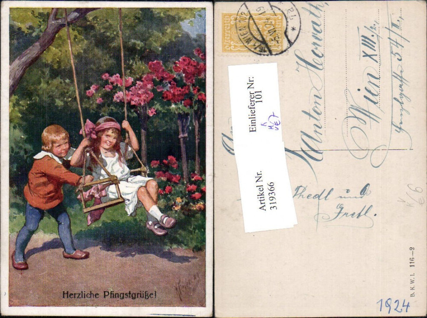 319366, Artist Ak Holiday Karl Children Swing Tree Flowers Pentecost pub BKWI Brothers Kohn 116/2