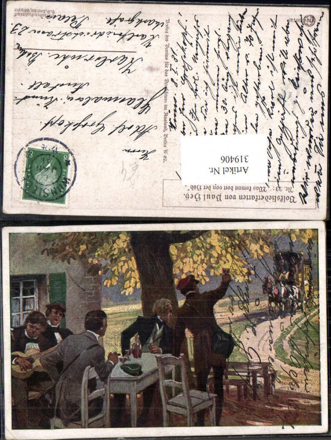 319406,Künstler Ak Paul Hey Was kommt da von d. Höh Postkutsche Gastgarten Wein Gitarre