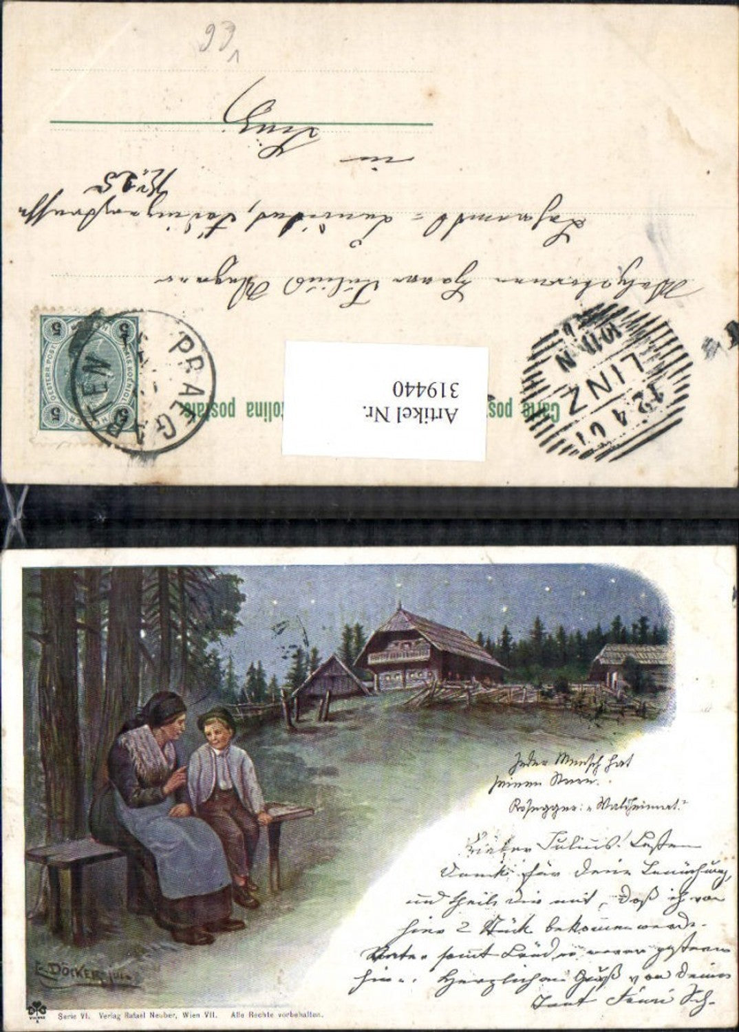 319440,Künstler Ak E. Döcker jun. Mutter m. Bub Junge Bank Bauernhof b. Nacht pub Rafael Neuber VI