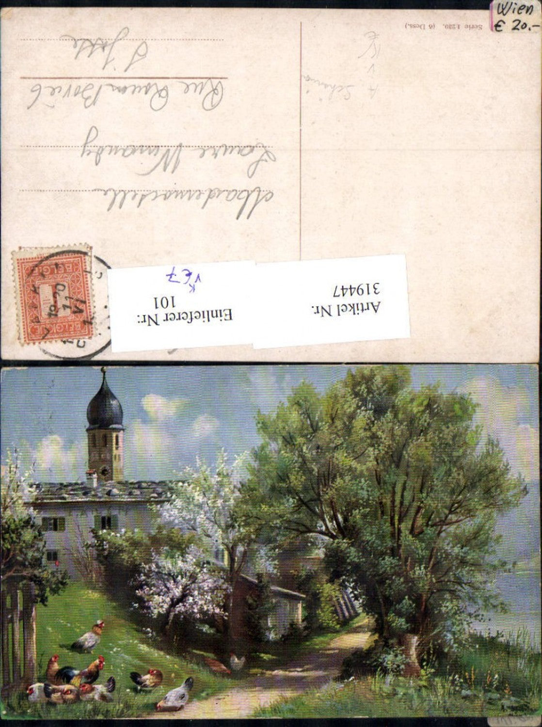 319447,Künstler Ak Alfred Schönian Hühner Hahn Dorf Kirche Wegpartie pub Theo Stroefer 1239