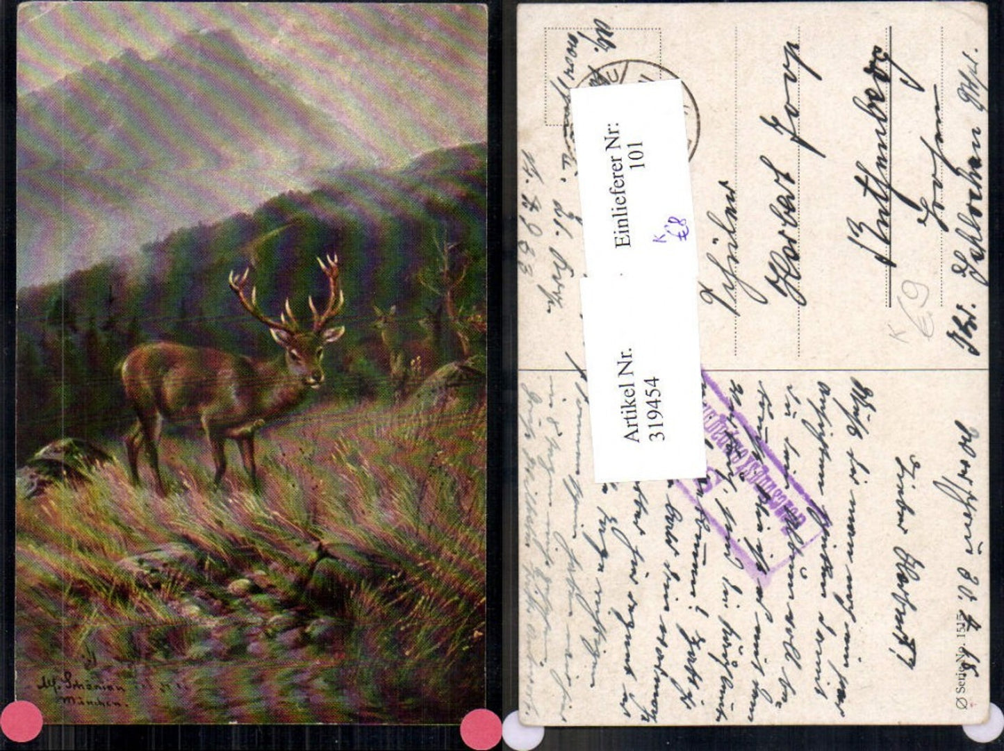 319454,Künstler Ak Alfred Schönian Hirsch Wild Rehe Landschaft Bergkulisse
