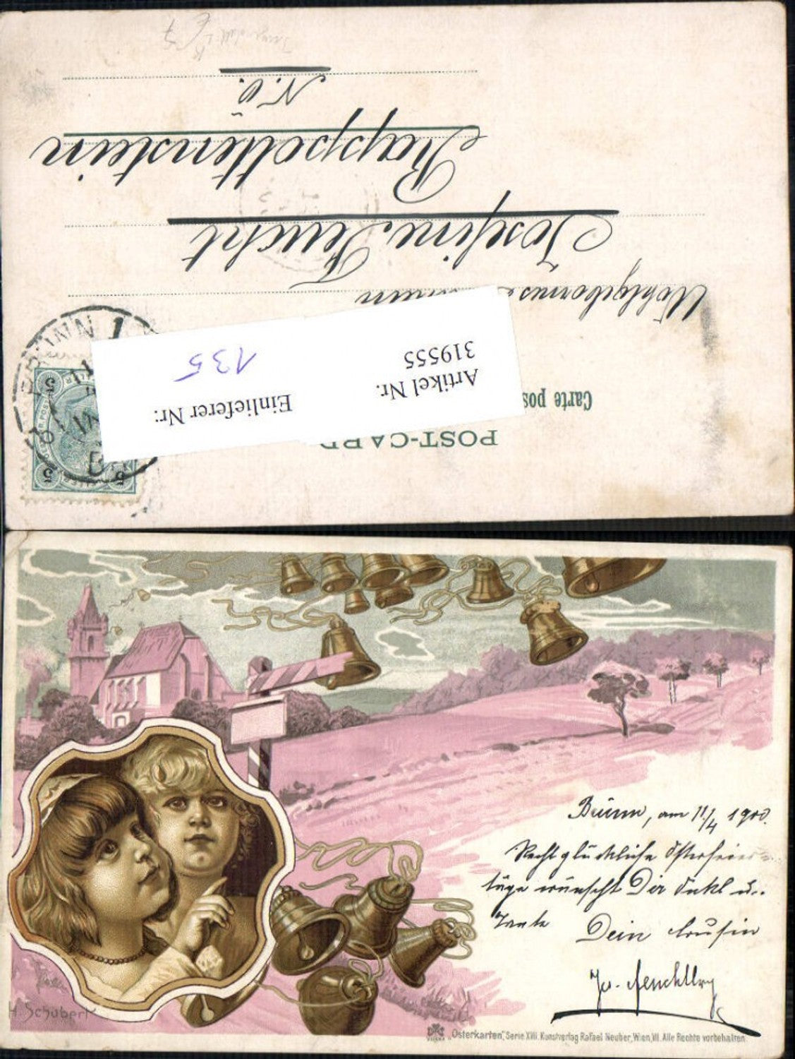 319555,Jugendstil Künstler Litho H. Schubert Kinder Glocken Kirche Ostern