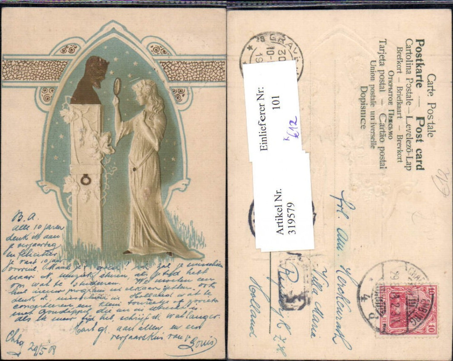 319579,Jugendstil Präge Künstler Ak Frau m. Handspiegel Büste Ornament