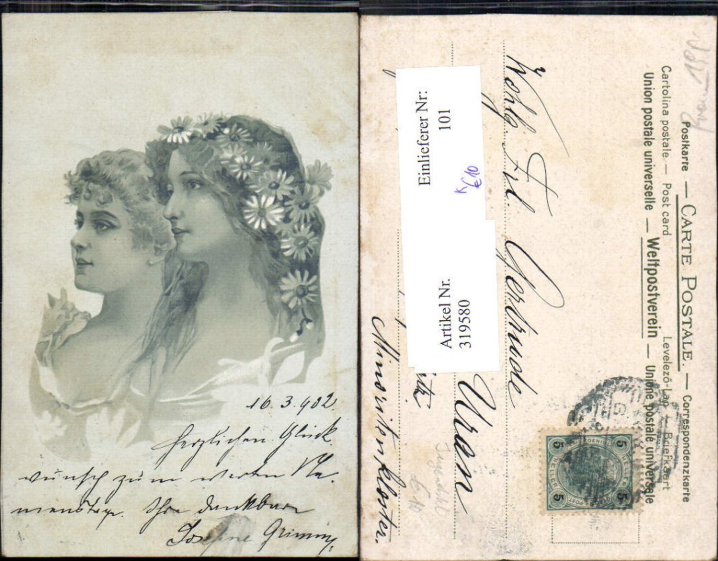 319580,Jugendstil Künstler Ak Frauen Portraits Blumen Margeriten i. Haar