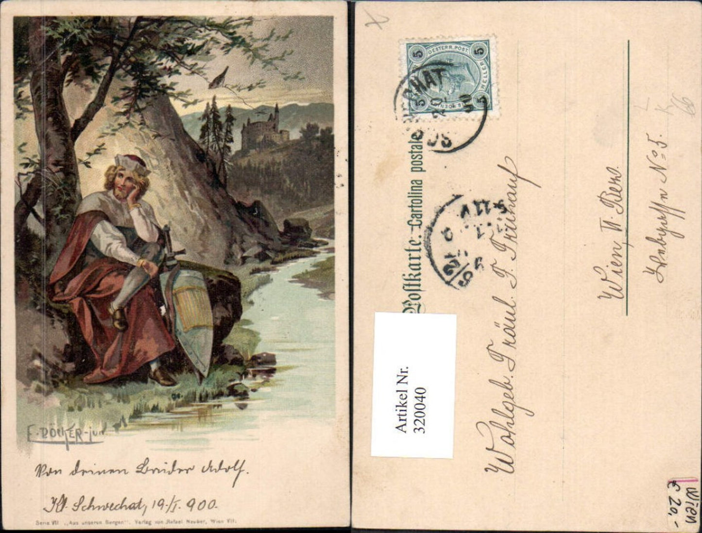 320040,Künstler Litho E. Döcker Serie VII Aus unseren Bergen Ritter sitzt a. Bach Landschaft Burg