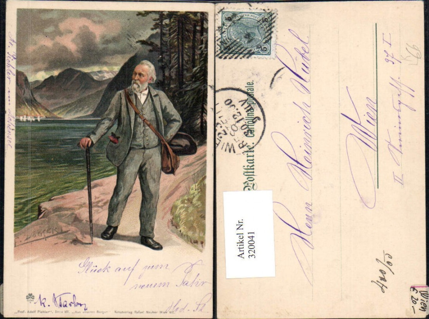 320041,Künstler Litho E. Döcker Serie VII Prof. Adolf Pichler Landschaft Wanderstock