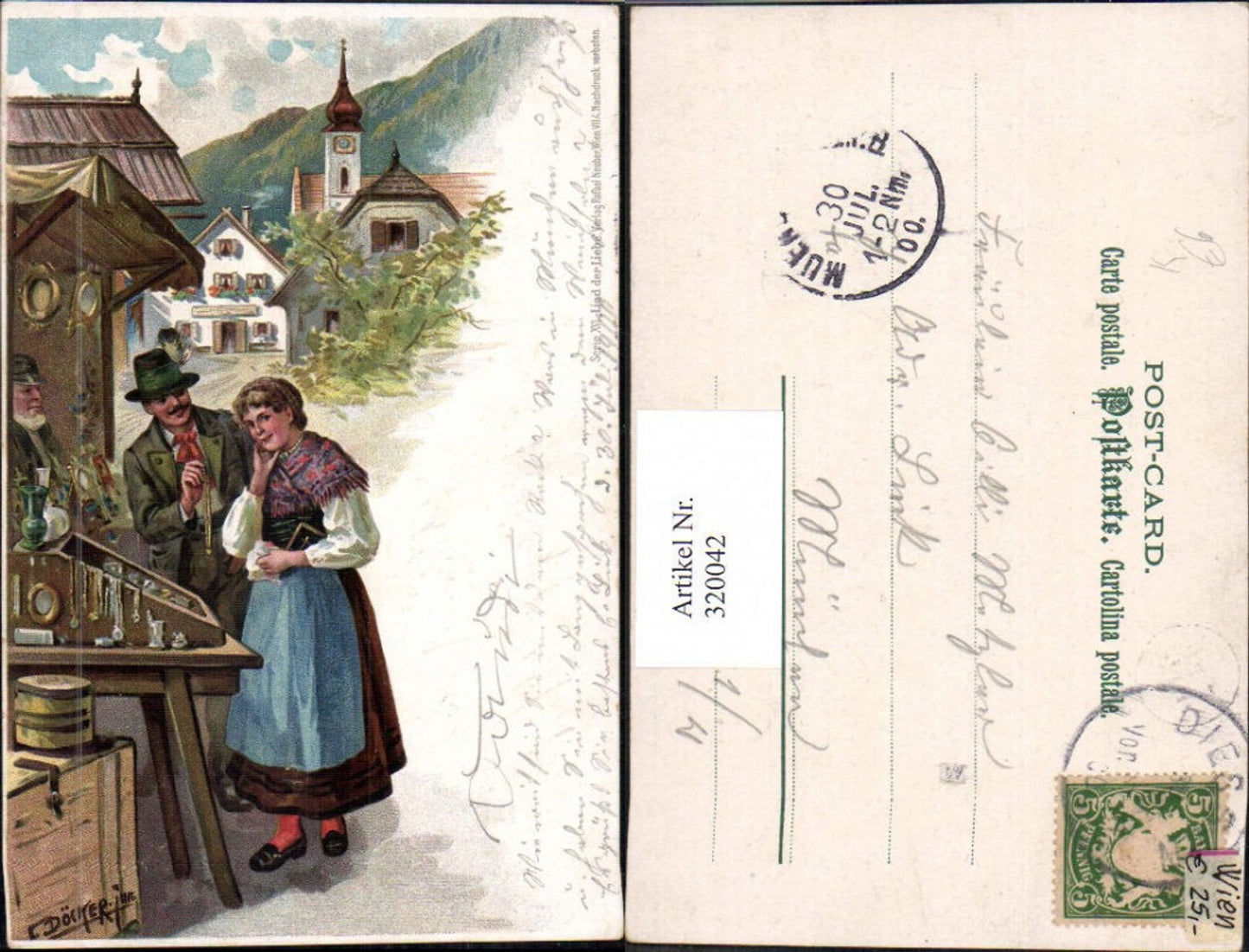 320042,Künstler Ak E. Döcker Serie XVI Lied d. Liebe Paar Tracht Marktstand