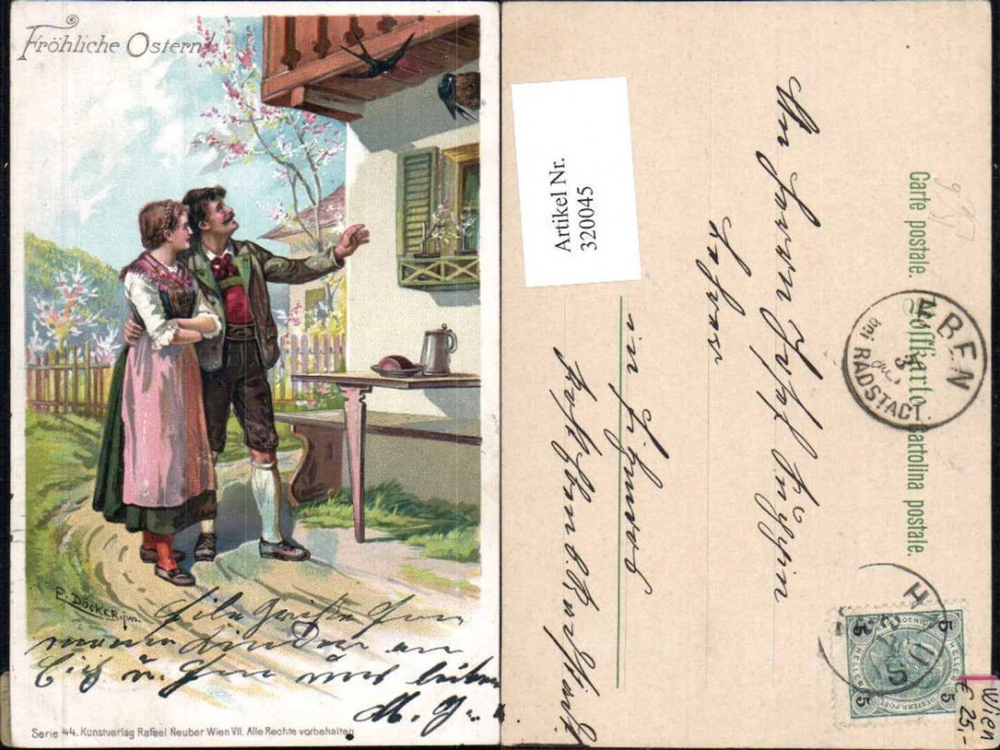 320045,Künstler Litho E. Döcker Serie 44 Fröhliche Ostern Paar Tracht v. Haus Schwalben