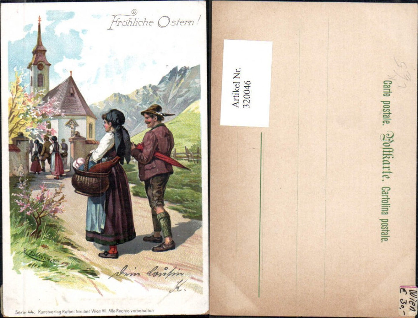 320046,Künstler Litho E. Döcker Serie 54 Wenn die Schwalben wiederkommen Paar Kirche
