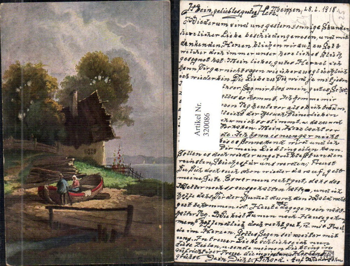 320086,Künstler Ak V. Santhö Santho Paar Boot a. Ufer Landschaft