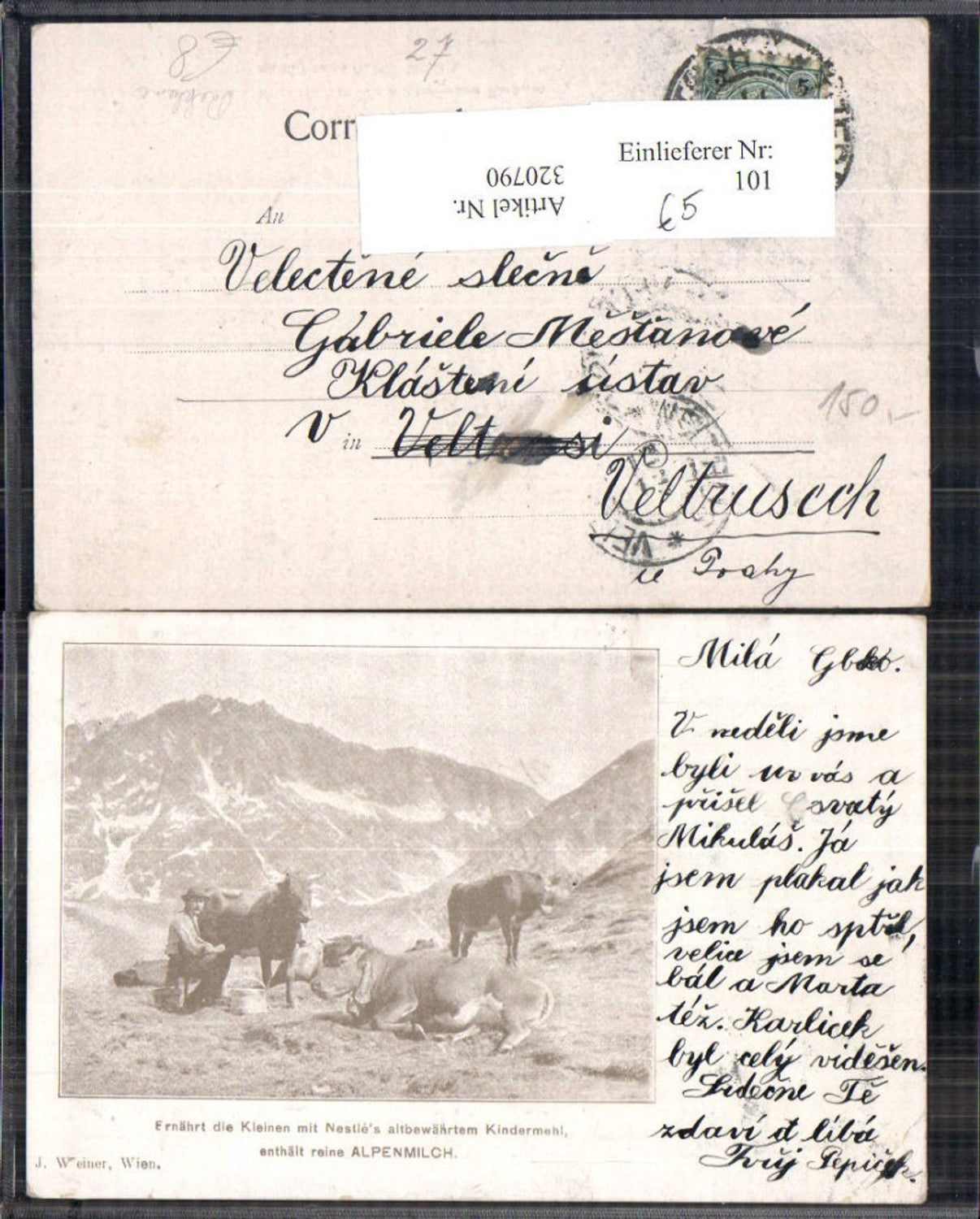 320790,Reklame Nestle Kindermehl m. Alpenmilch Kühe Bauer