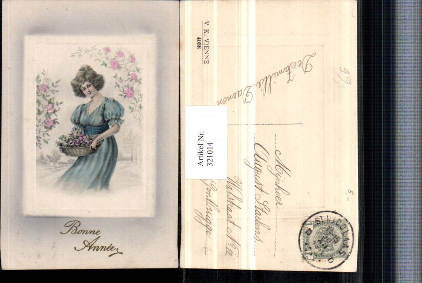 321014,V.K. Vienne 4038 Künstlerkarte Neujahr Frau m. Kleid Korb Rosen Präge Passepartout
