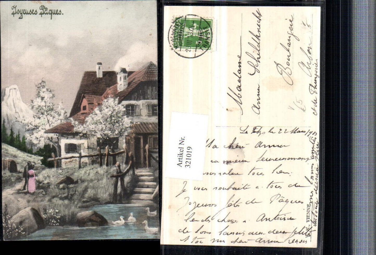 321019,V.K. Vienne 4177 Künstlerkarte Ostern Hausansicht Baumblüte