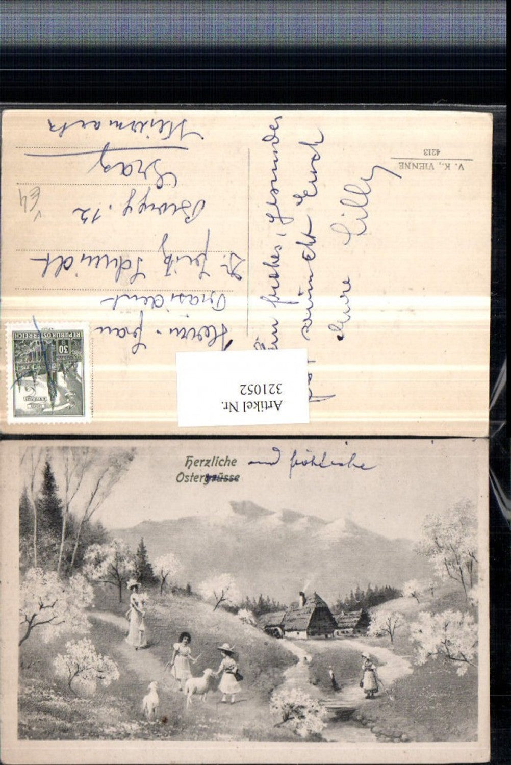 321052,V.K. Vienne 4213 Ostern Landschaft Kinder Schafe Lämmer Bergkulisse
