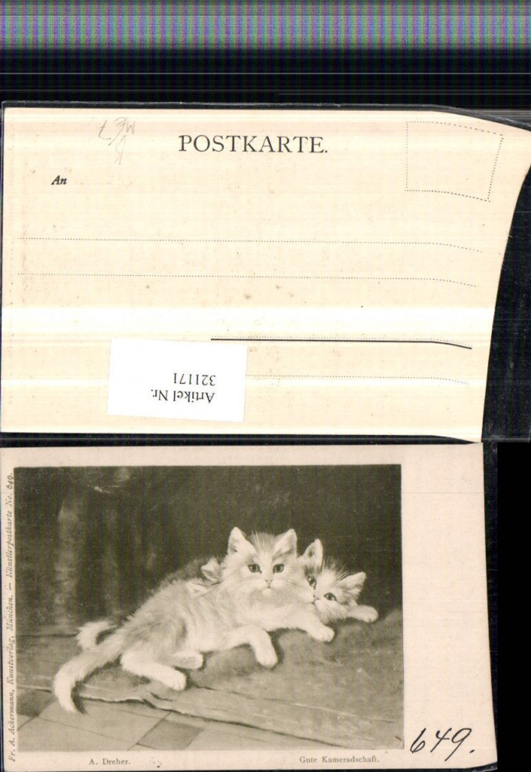 321171,F. A. Ackermann 649 Künstler A. Dreher Gute Kameradschaft Katzen