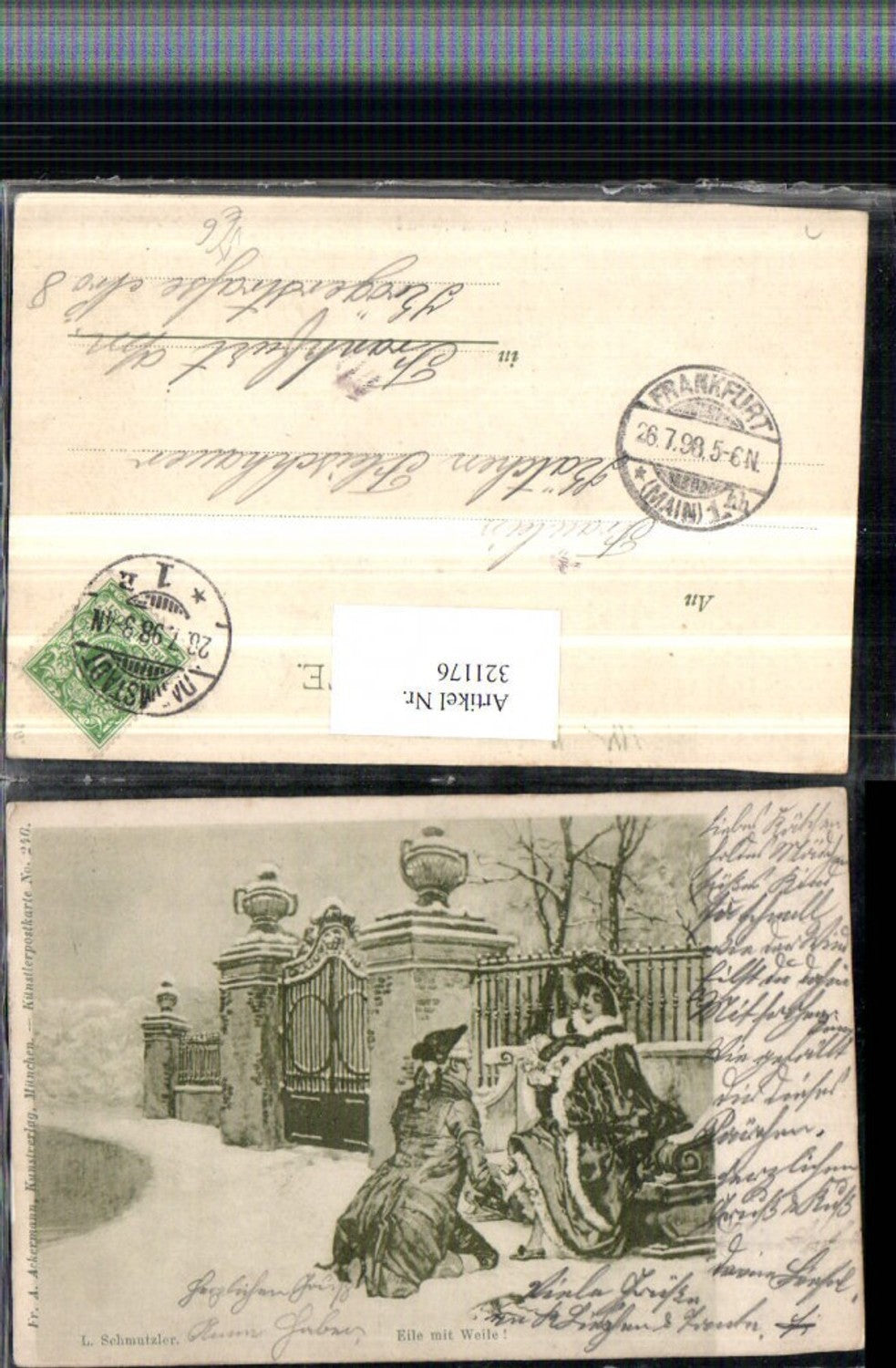 321176,F. A. Ackermann 246 Künstler L. Schmutzler Eile mit Weile Paar Bank Gittertor Winter