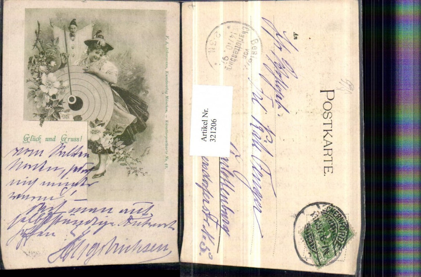 321206,F. A. Ackermann 49 Künstlerkarte rau in Tracht m. Hut Zielscheibe Harlekin