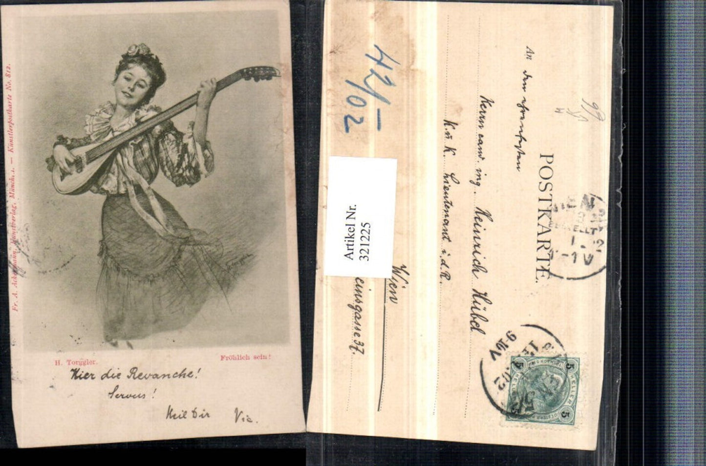 321225,FA Ackermann 812 Artist H. Torggler Fröhlich sein Frau m. Kleid Laute