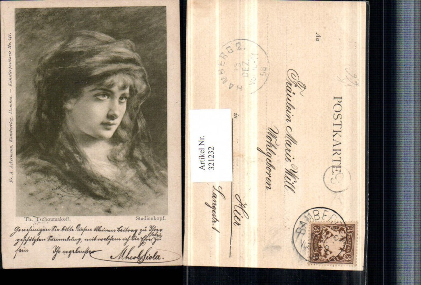 321232,F. A. Ackermann 541 Künstler Th. Tschoumakoff Studienkopf Frau Portrait