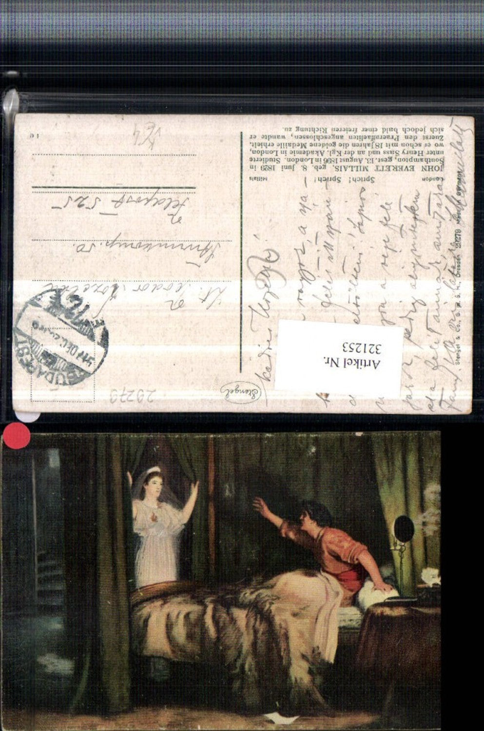321253,Stengel Co 29279 Künstler John Everett Millais Sprich Mann Bett Vorhang Frau m. Kleid