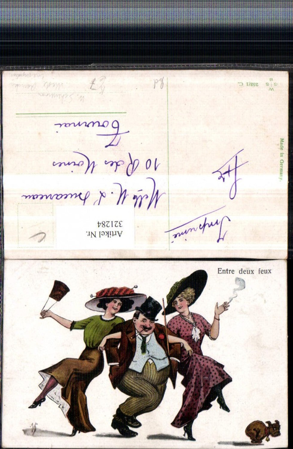 321284,Künstler AK Willi Scheuermann Emanzipation Frauen Mode Hüte Mann Zigarre Rauchen Hund