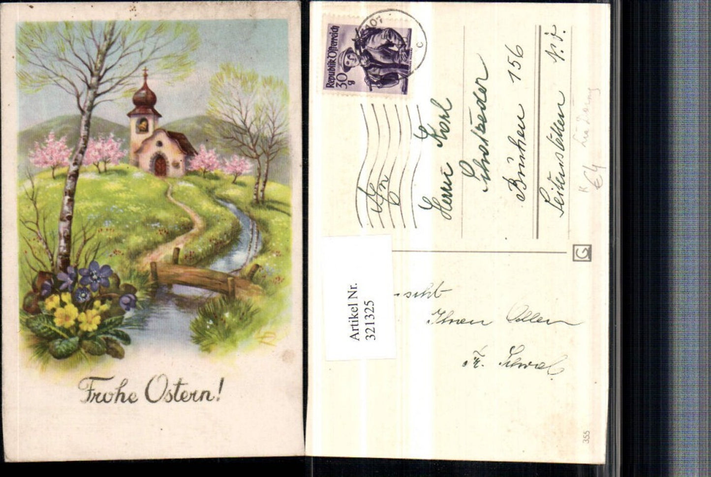 321325,Künstler AK Lia Döring Ostern Landschaft Kirche Brücke Baumblüte Blumen