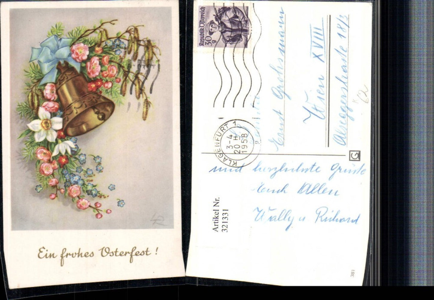 321331,Künstler AK Lia Döring Ostern Glocke Schleife Blumen Narzissen Haselnusskätzchen