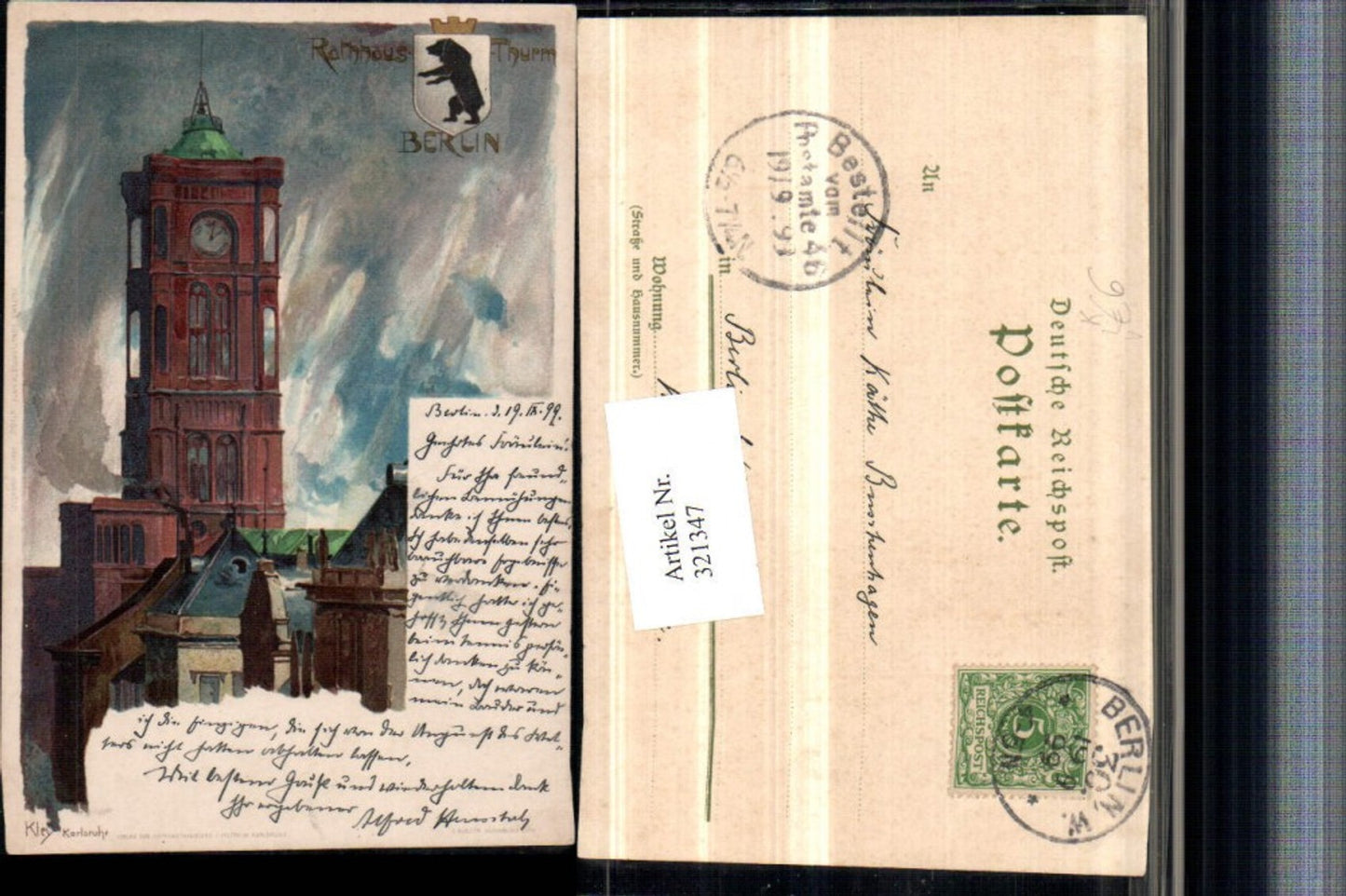 321347,Künstler Litho Heinrich Kley Berlin Rathaus Turm pub J. Velten 160