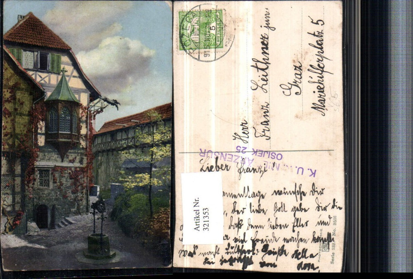 321353, Photochromie Nenke & Ostermaier 132/2559 Burg Hof Brunnen KuK Military Censorship Osijek 25