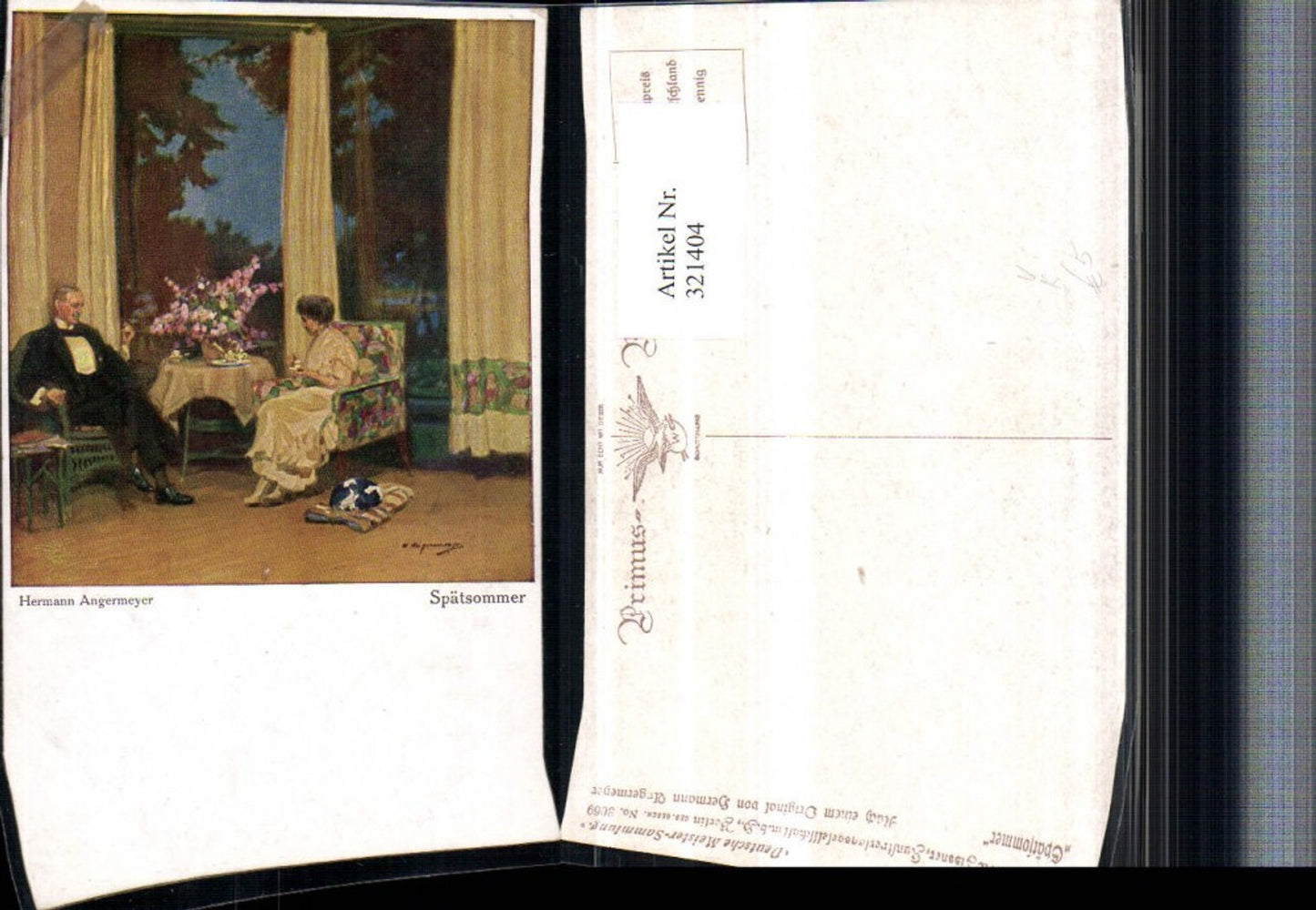 321404,Primus AK 3069 Künstler Hermann Angermeyer Spätsommer Paar Tisch Hund