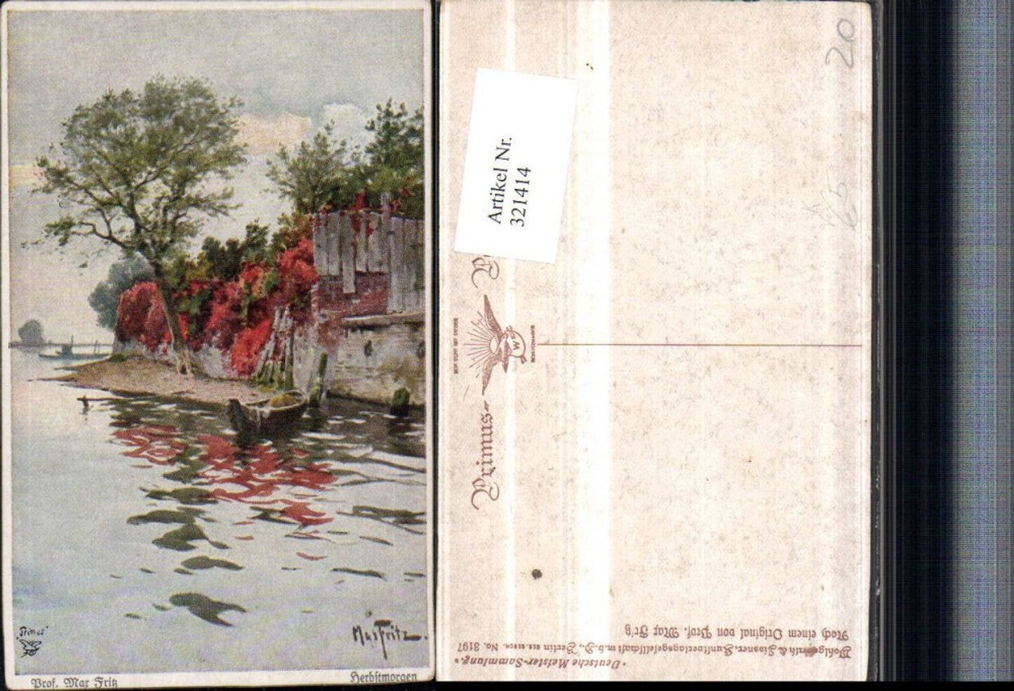 321414,Primus AK 3197 Künstler Max Fritz Herbstmorgen Fluss Partie Boot