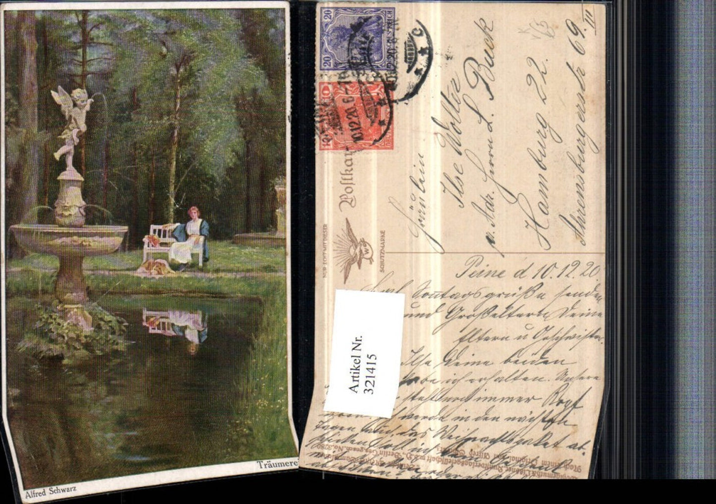 321415,Primus AK 3280 Künstler Alfred Schwarz Träumerei Frau m. Kleid Bank Brunnen