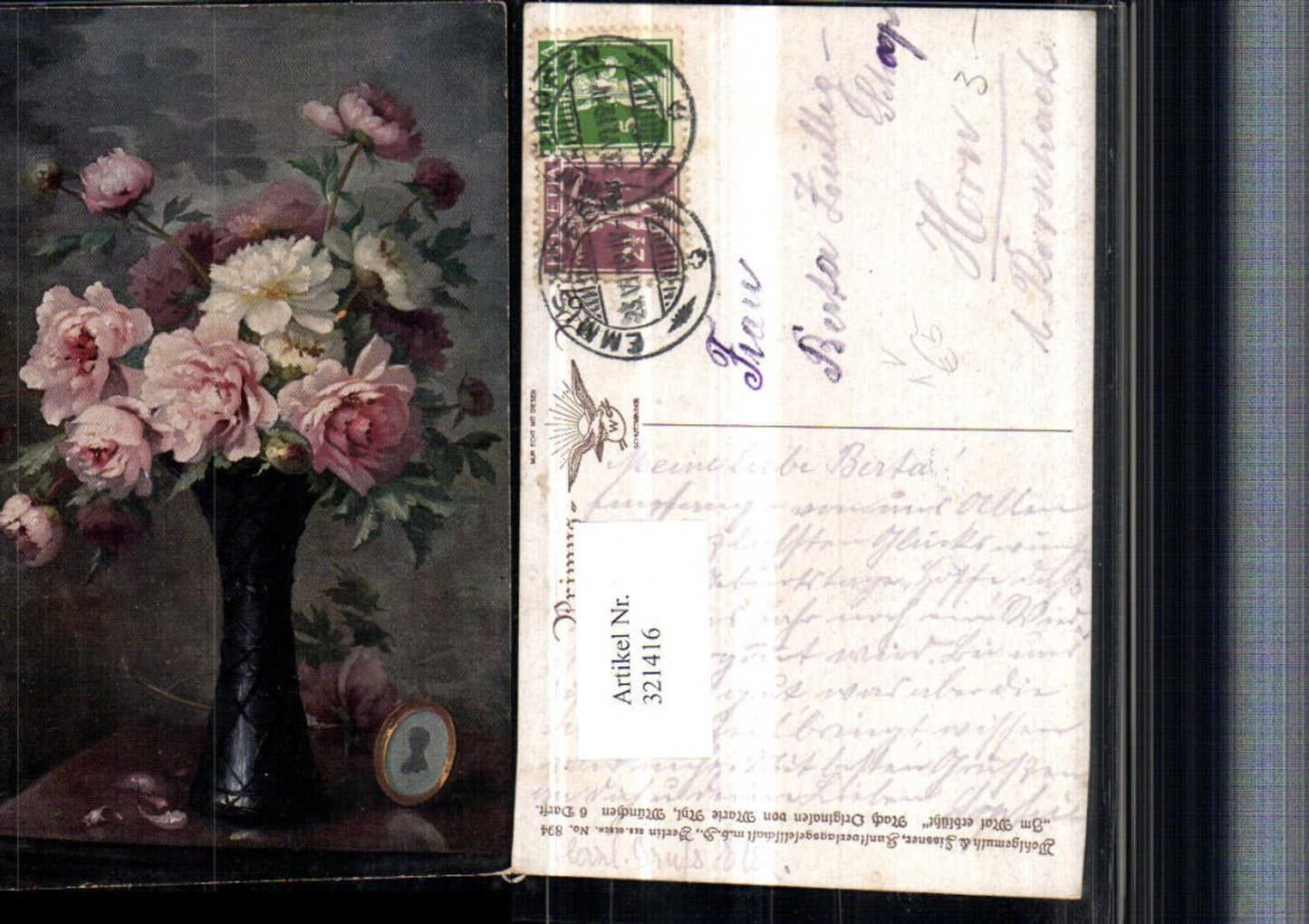 321416,Primus AK 894 Künstler Marie Nyl Im Mai erblüht Rosenstrauß Rosen Vase