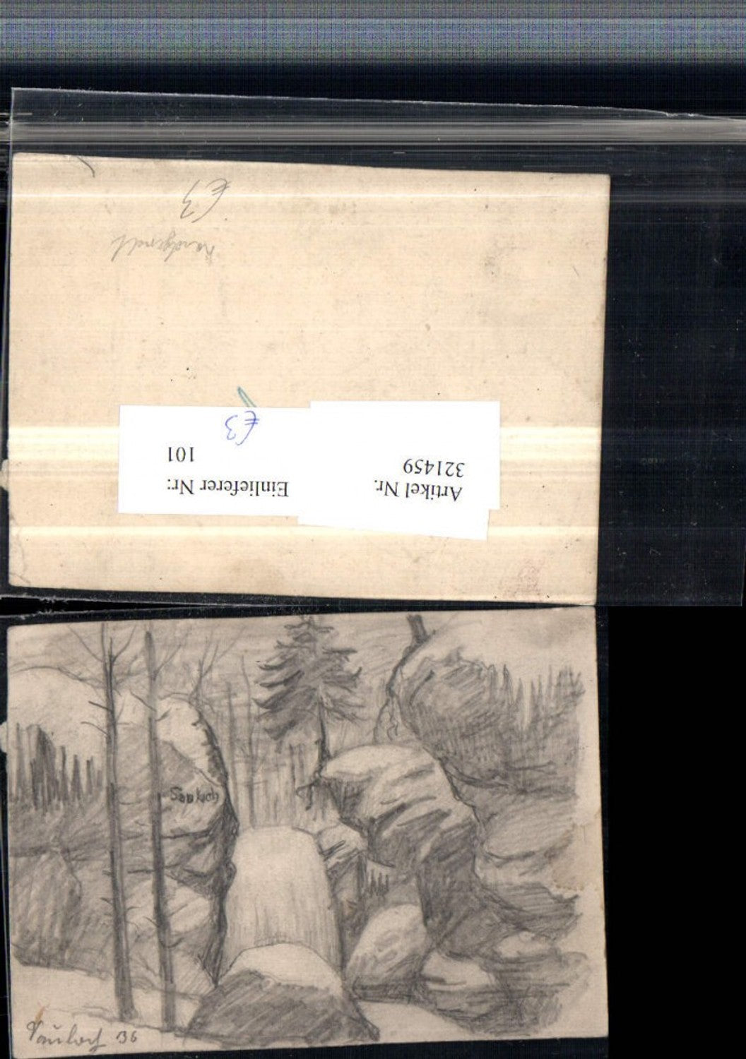 321459,Künstler AK Handgemalt Steinbrocken Steine Wasserfall Bäume