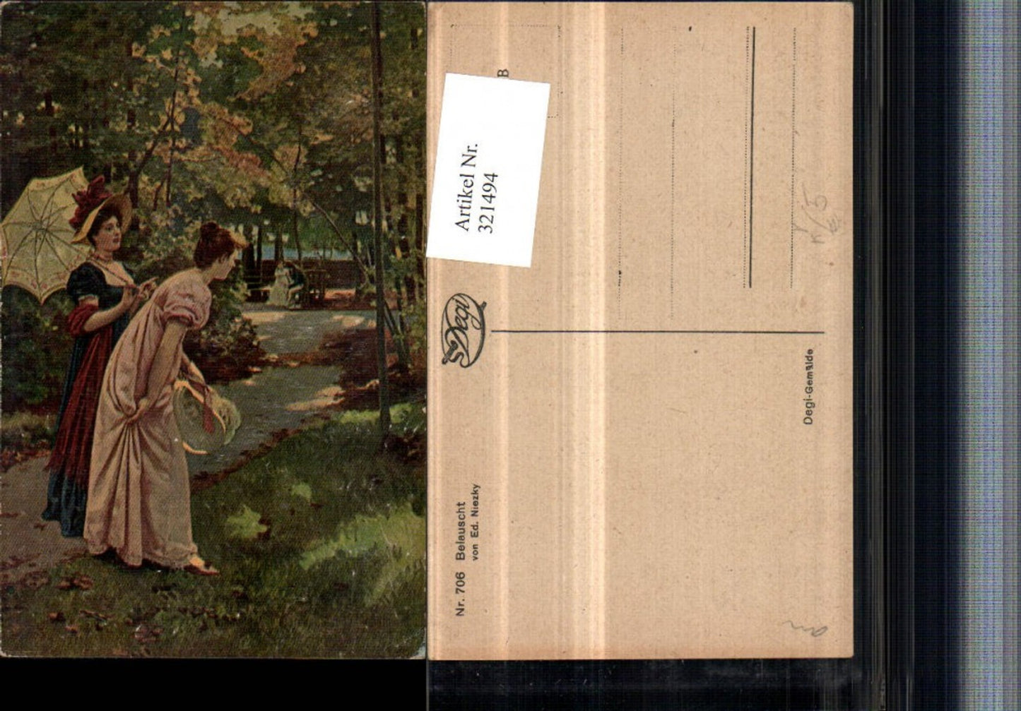 321494,Degi AK 706 Künstler Ed. Niezky Belauscht Frauen m. Hüten Schirm