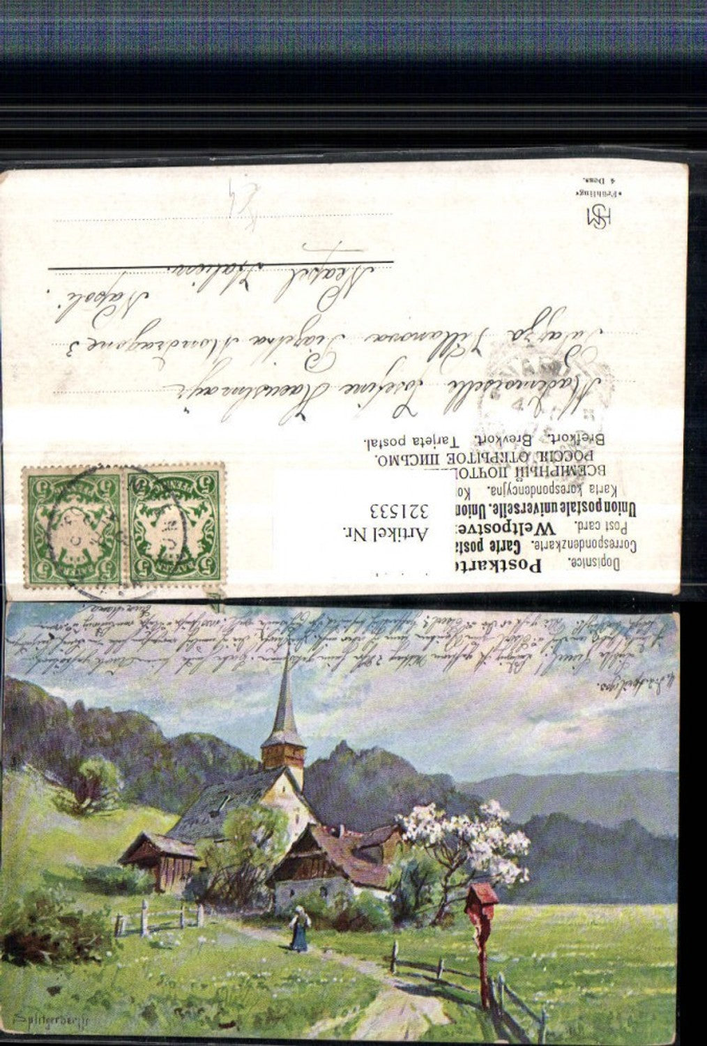 321533,Künstler AK Splitgerber Kirche Haus Wegkreuz Bergkulisse