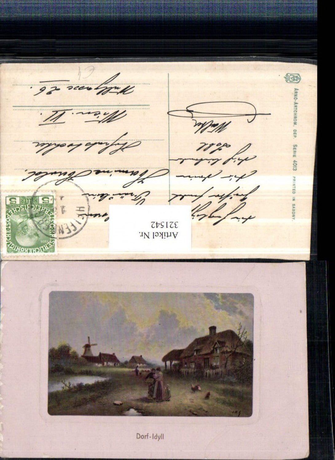 321542,Künstler AK Dorf-Idyll Häuser Windmühle Mühle Präge Passepartout