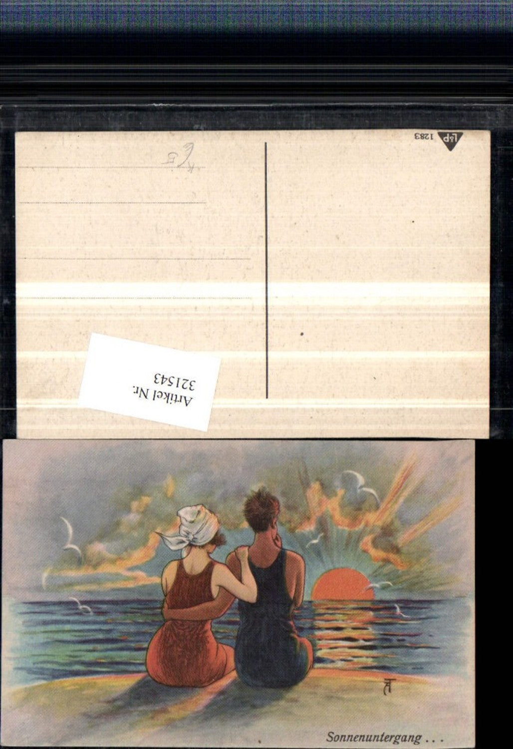 321543,Künstler AK Sonnenuntergang Frau Mann Kopftuch Sonne Meer Möwen