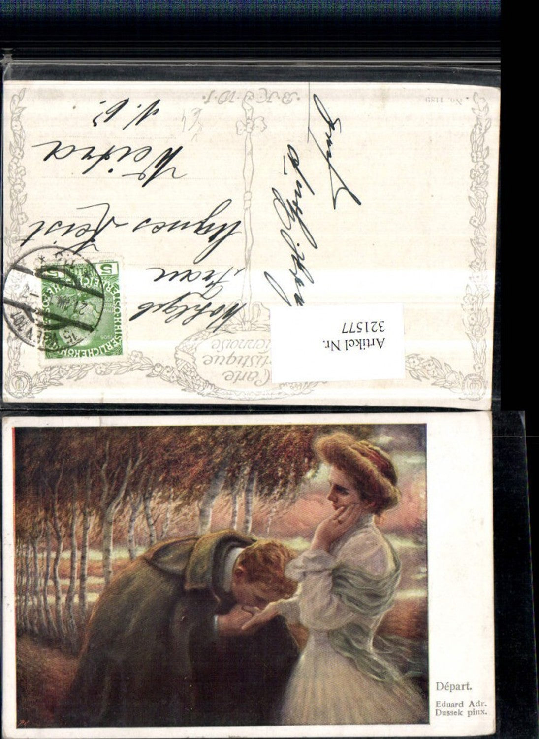 321577,Künstler AK Eduard Adr. Dussek Abschied Liebespaar Handkuss pub B.K.W.I. 1189