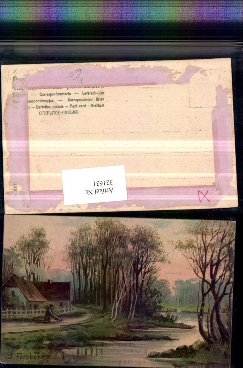321631,Künstler AK J. Forsberg Landschaft Gewässer Haus Wald