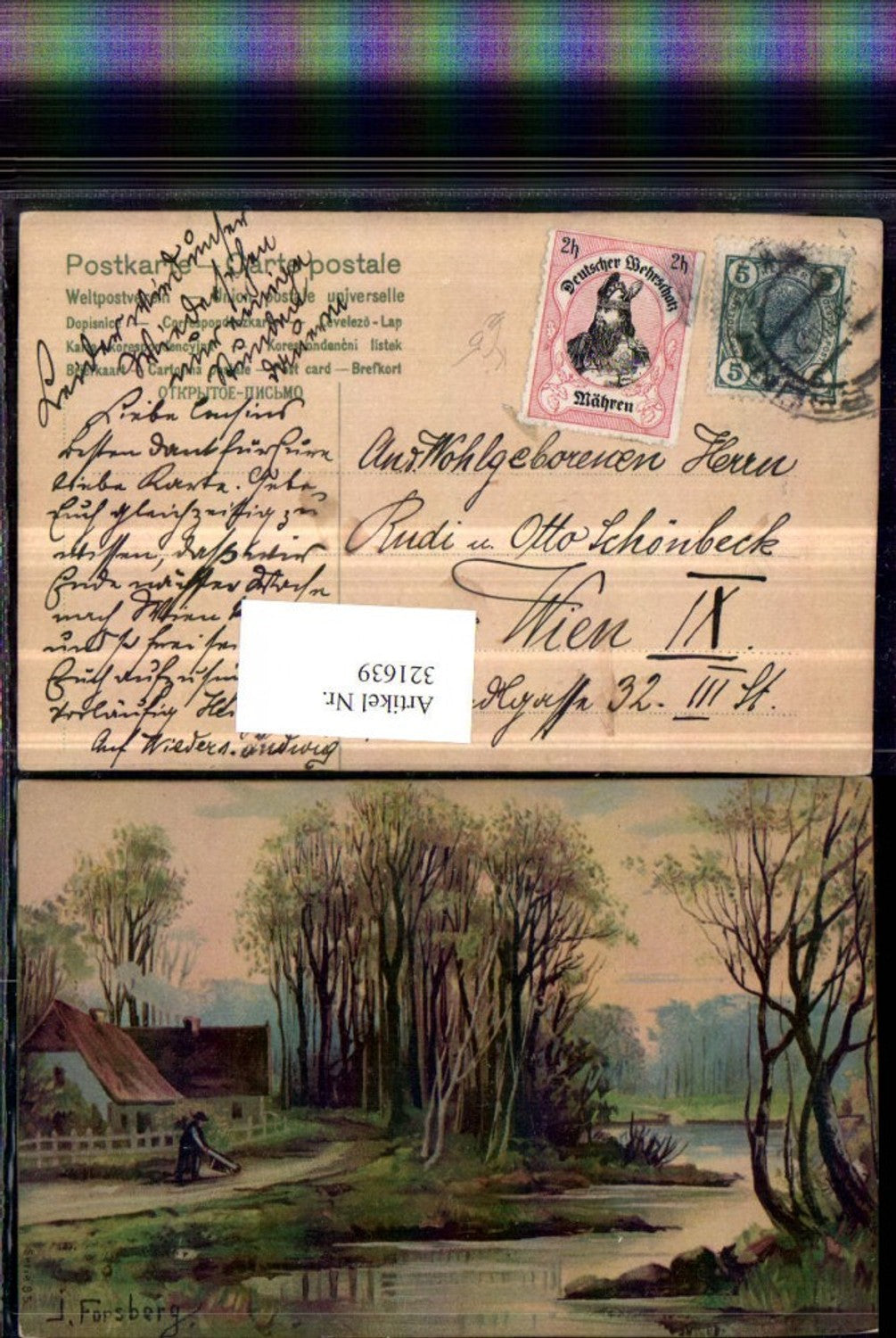 321639,Künstler AK J. Forsberg Landschaft Gewässer Haus Wald