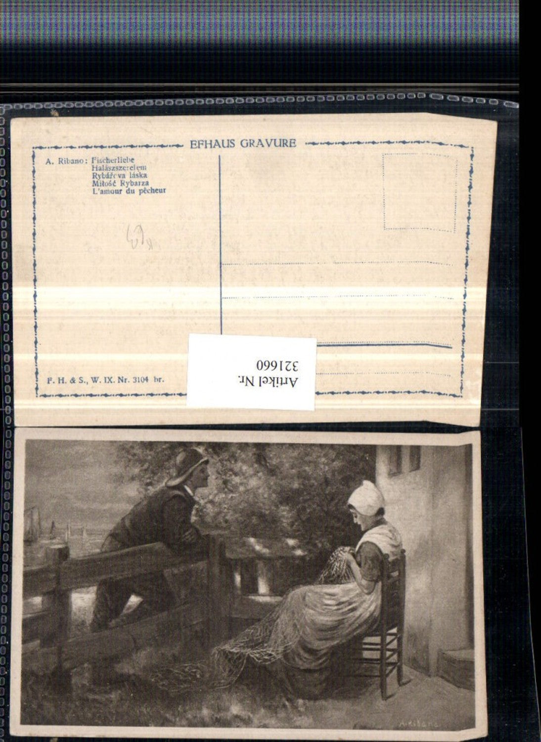 321660,Künstler AK A. Ribano Fischerliebe Frau in Tracht b. Sticken Mann m. Hut Zaun